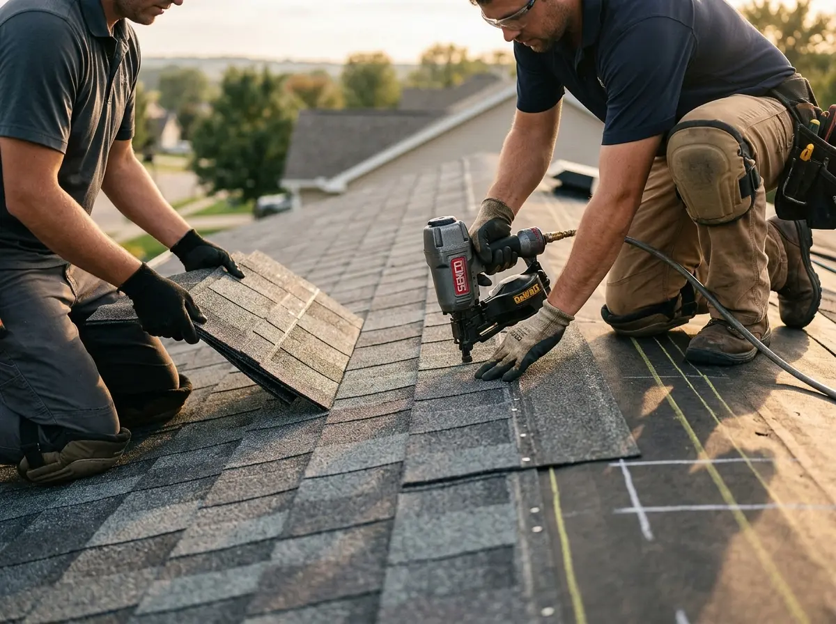 Professional roofer working on a residential roof in Tysons